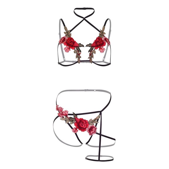 COMPLETO INTIMO SEXY DONNA REGGISENO & MUTANDINA CON GIARRETTIERA E FIORI