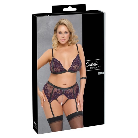 COMPLETO INTIMO SEXY IN PIZZO VIOLA CON REGGICALZE E CON CATENE E MANETTE