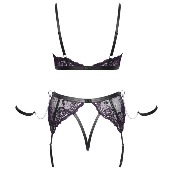 COMPLETO INTIMO SEXY IN PIZZO VIOLA CON REGGICALZE E CON CATENE E MANETTE