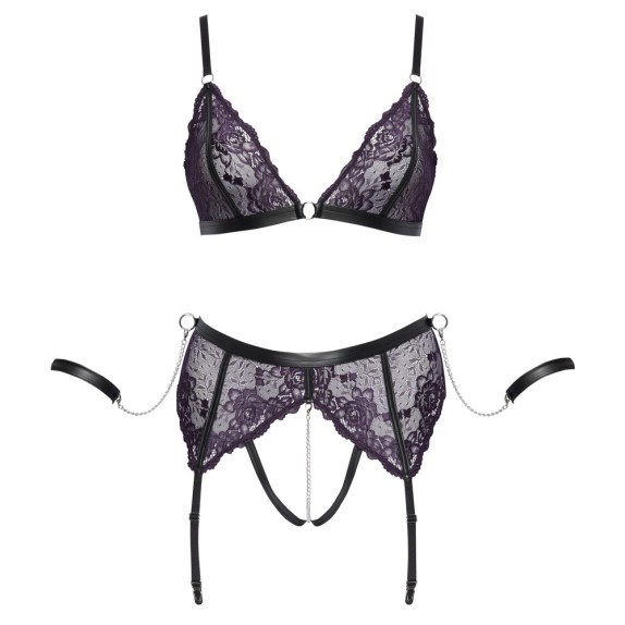 COMPLETO INTIMO SEXY IN PIZZO VIOLA CON REGGICALZE E CON CATENE E MANETTE