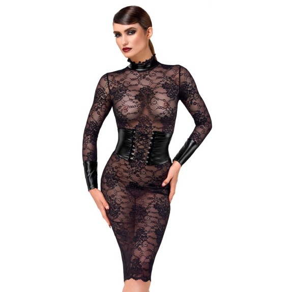 ABITO MIDI IN PIZZO SEXY CON MANICA LUNGA SPANDEX PER DONNA NOIR