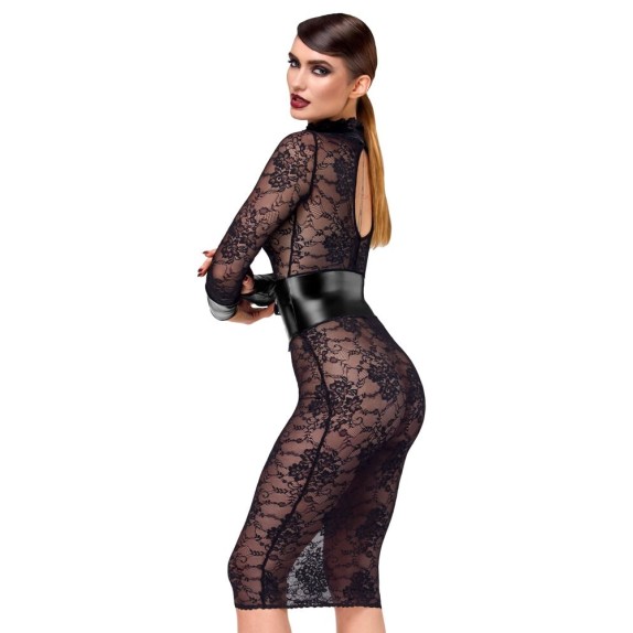 ABITO MIDI IN PIZZO SEXY CON MANICA LUNGA SPANDEX PER DONNA NOIR