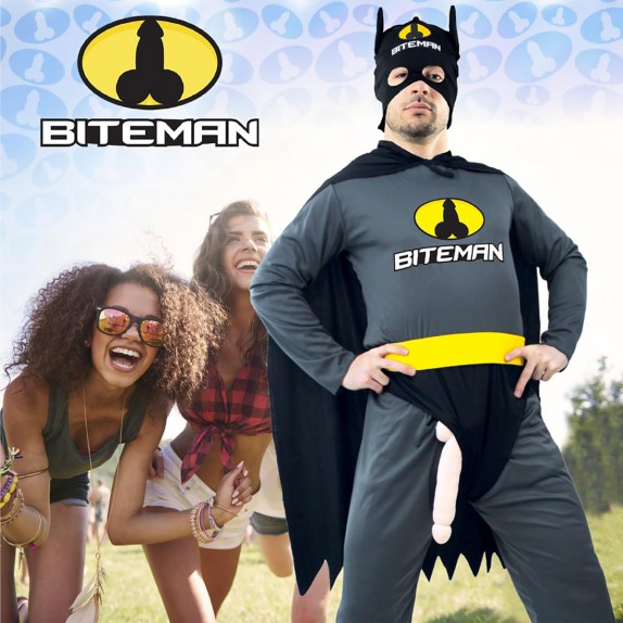 COSTUME TRAVESTIMENTO DA SUPEREROE BITEMAN CON PENE DI PELUCHES E ACCESSORI