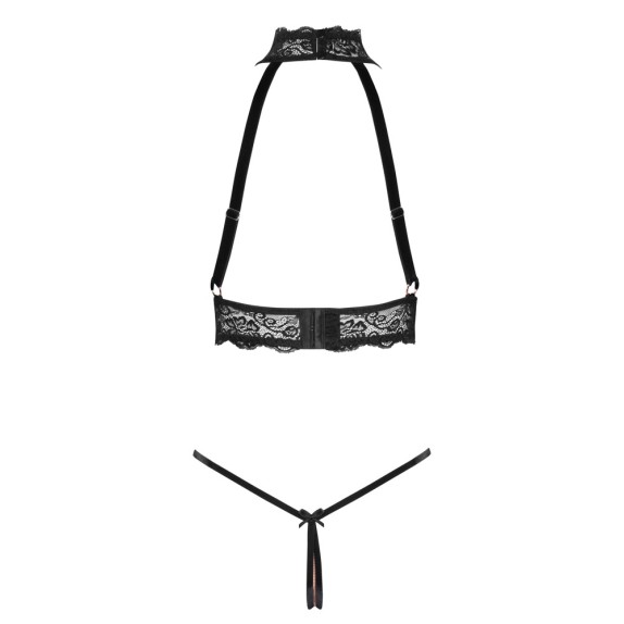 COMPLETO INTIMO IN PIZZO NERO CON SENO E CAVALLO APERTI E CON CATENE DORATE