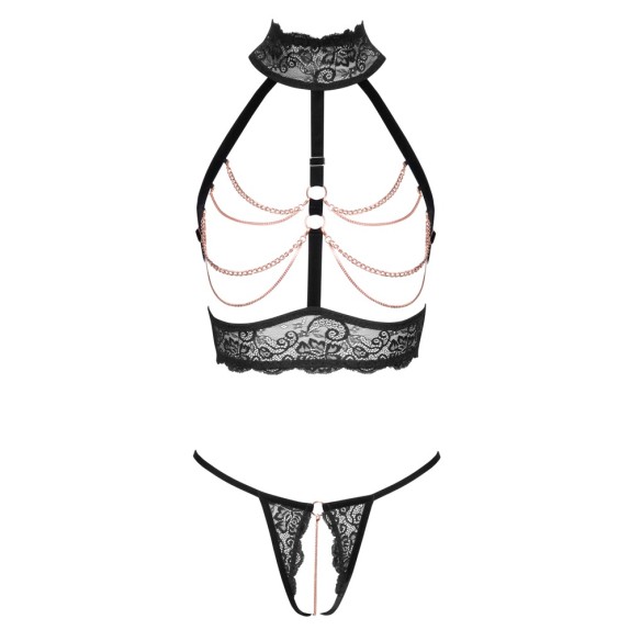 COMPLETO INTIMO IN PIZZO NERO CON SENO E CAVALLO APERTI E CON CATENE DORATE
