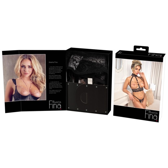 COMPLETO INTIMO IN PIZZO NERO CON SENO E CAVALLO APERTI E CON CATENE DORATE
