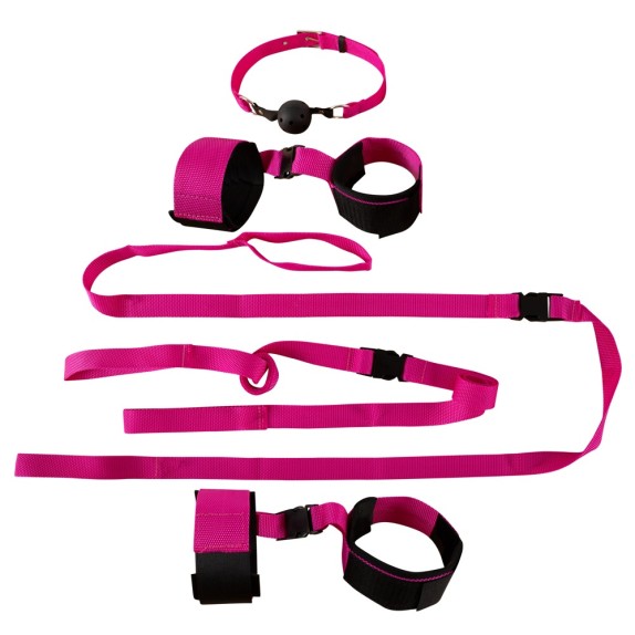 COSTRITTIVO DA LETTO BDSM FUCSIA CON ACCESSORI BALL GAG E MASCHERA SET 10 PEZZI