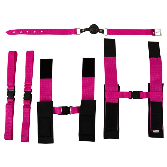 COSTRITTIVO DA LETTO BDSM FUCSIA CON ACCESSORI BALL GAG E MASCHERA SET 10 PEZZI