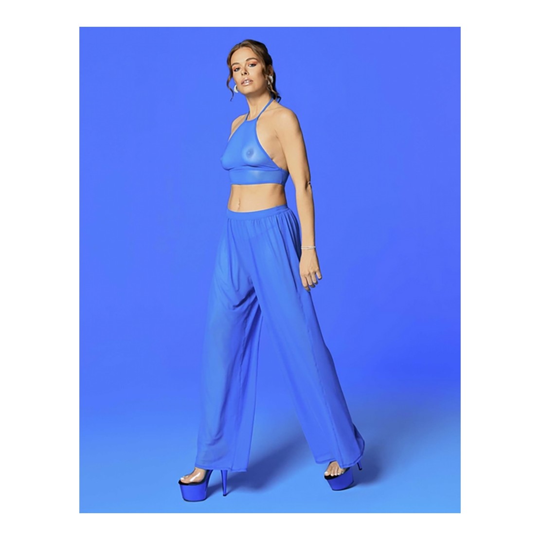 TOP IN TULLE BLU ELASTICIZZATO CON COLLO HALTER...