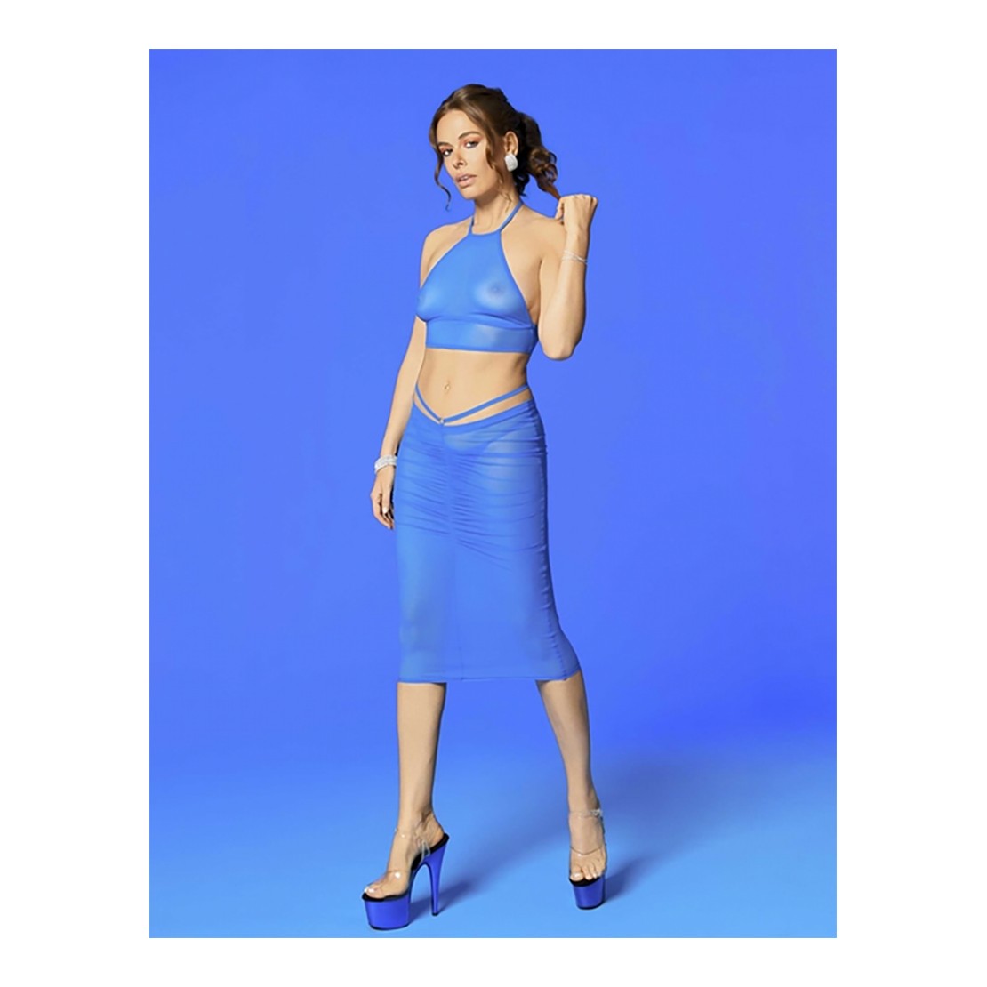 TOP IN TULLE BLU ELASTICIZZATO CON COLLO HALTER...