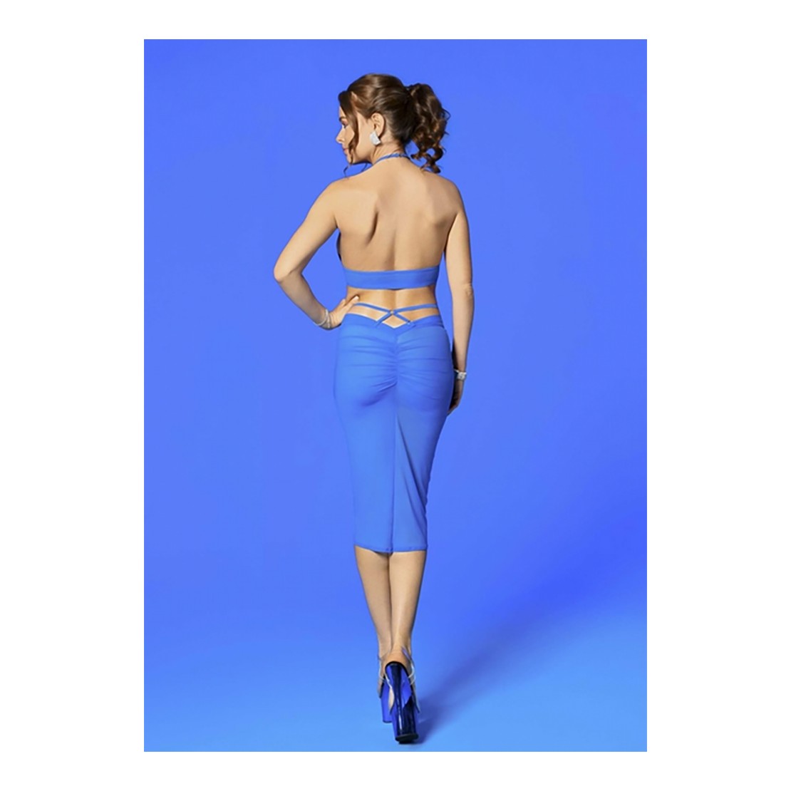 TOP IN TULLE BLU ELASTICIZZATO CON COLLO HALTER...