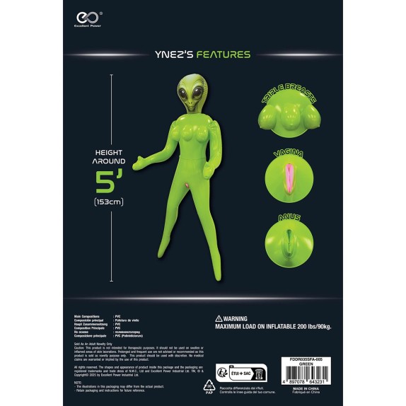 ALIEN BAMBOLA GONFIABILE SEXY VERDE CON 3 SENI E 2 FORI PENETRABILI