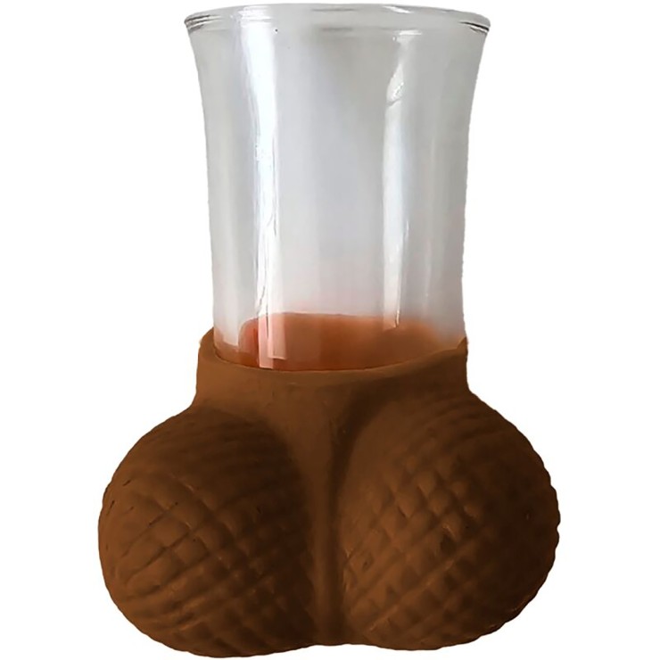BICCHIERE DA SHOT IN VETRO GADGET CON BASE A TESTICOLI