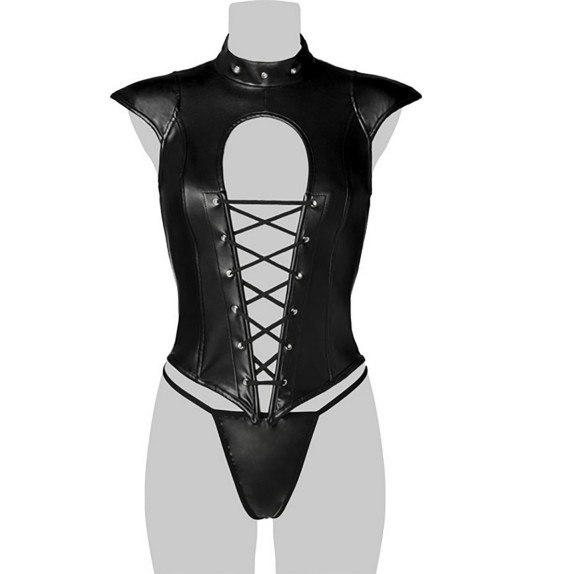 CORSETTO SEXY MEZZA MANICA E COLLETTO IN ECOPELLE INTRECCIATO