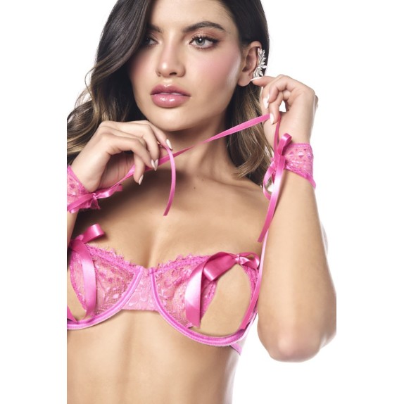 SET 4 PEZZI INTIMO SEXY ROSA CON ACCESSORI E REGGISENO APERTO
