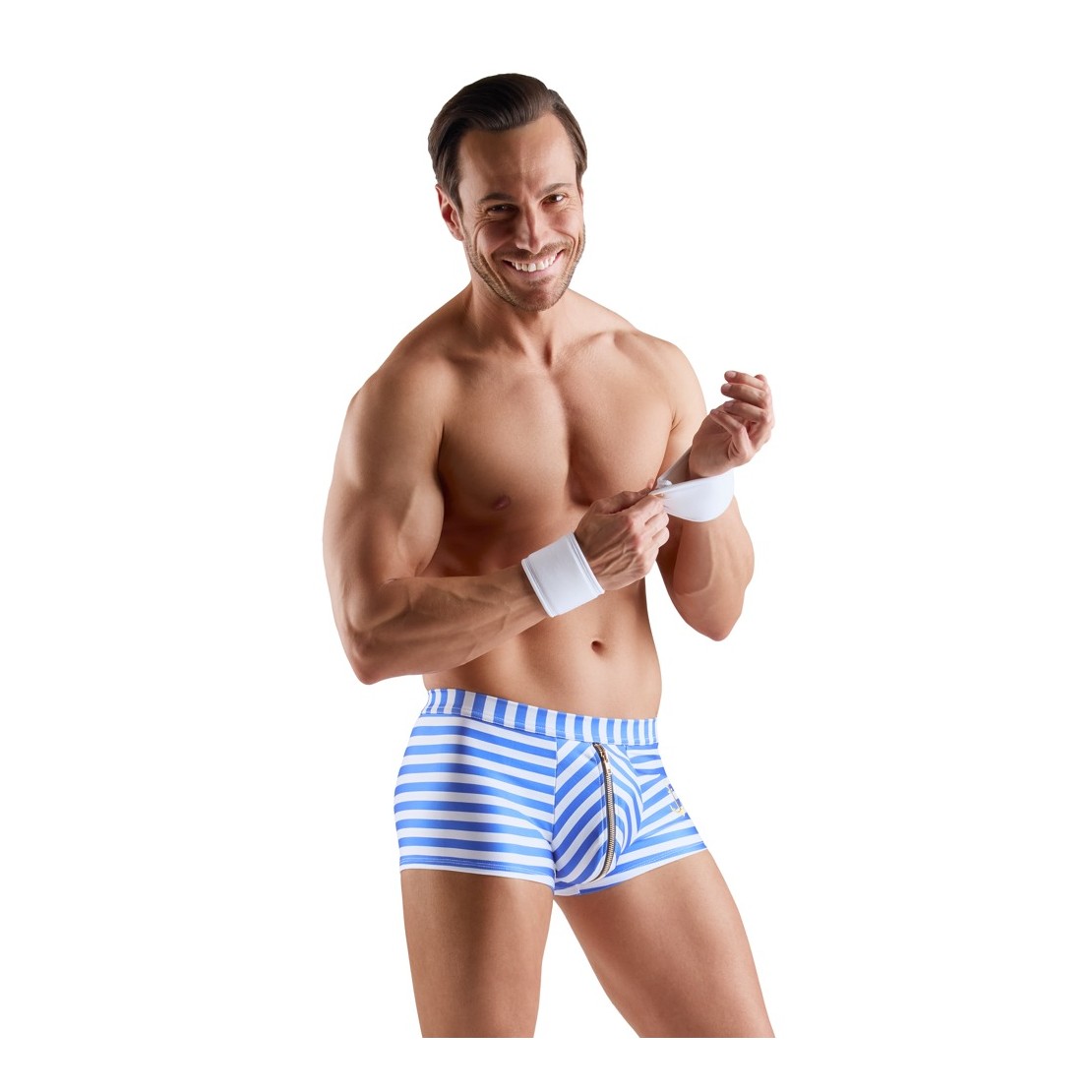 BOXER A RIGHE CON CERNIERA APRIBILE E POLSINI...