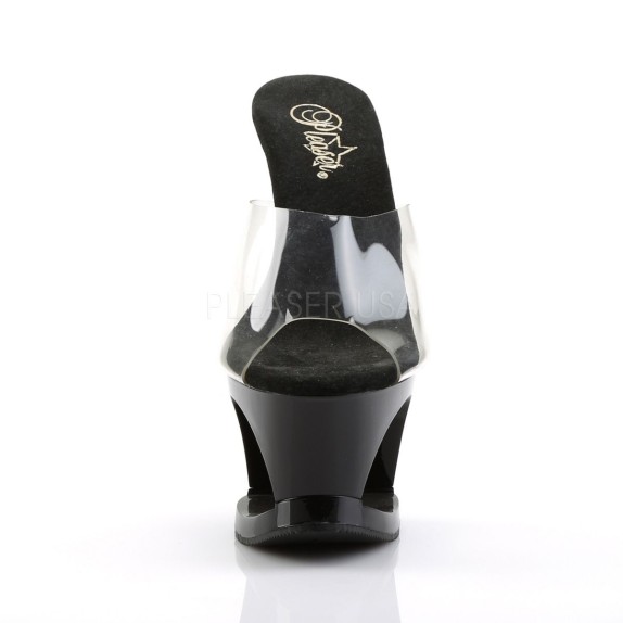SANDALI SEXY CON PLATEAU FORATO E DESIGN NERO LUCIDO CON TOMAIA TRASPARENTE TACCO 17-18 CM
