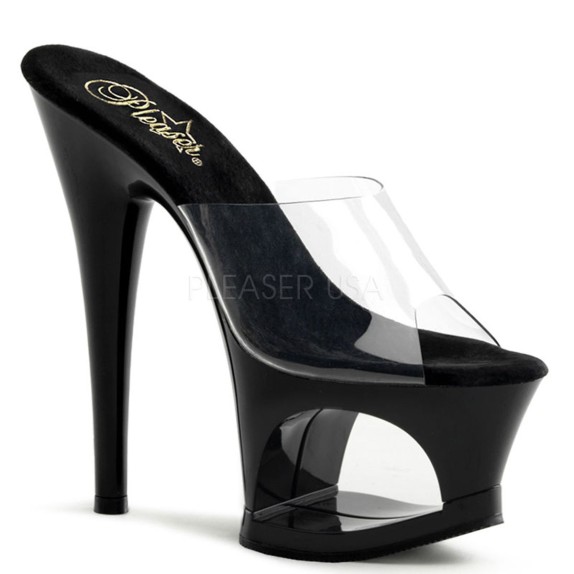 SANDALI SEXY CON PLATEAU FORATO E DESIGN NERO LUCIDO CON TOMAIA TRASPARENTE TACCO 17-18 CM