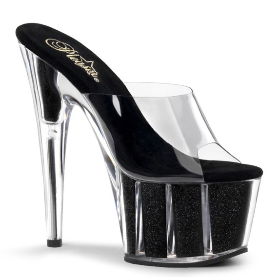 SANDALI SEXY CON PLATEAU NER CON GLITTER E TOMAIA TRASPARENTE TACCO 17-18 CM