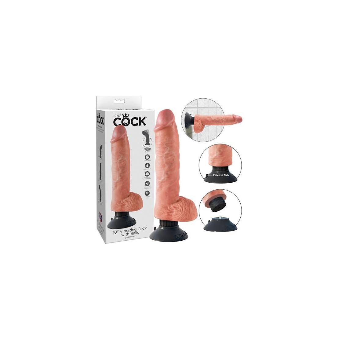 VIBRATORE KING COCK REALISTICO CON VENTOSA E TESTICOLI FLESSIBILE 10 INCH 