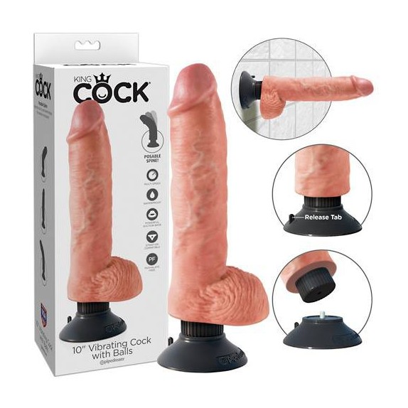 VIBRATORE KING COCK REALISTICO CON VENTOSA E TESTICOLI FLESSIBILE 10 INCH 