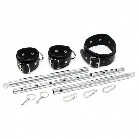 BARRA IN METALLO CON COLLARE E MANETTE IN PELLE SPREADER BAR