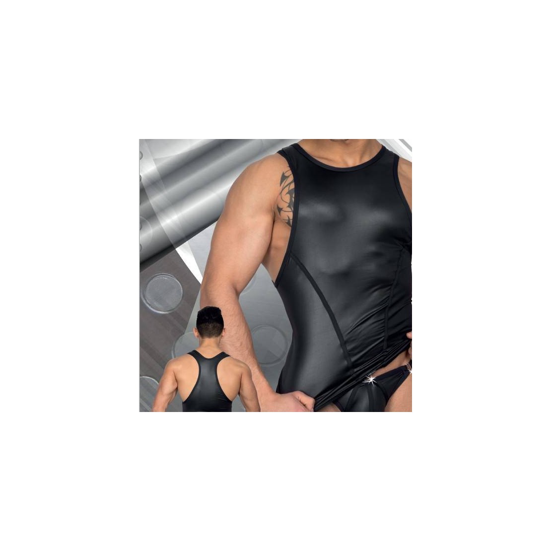 CANOTTA INTIMO MASCHILE IN SPANDEX SIMILPELLE NERA EROS VENEZIANI