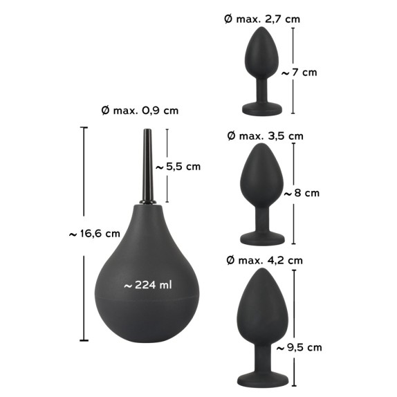 SET TRE PLUG ANALI CON GIOIELLO E CLISTERE ANAL KIT BLACK VELVETS