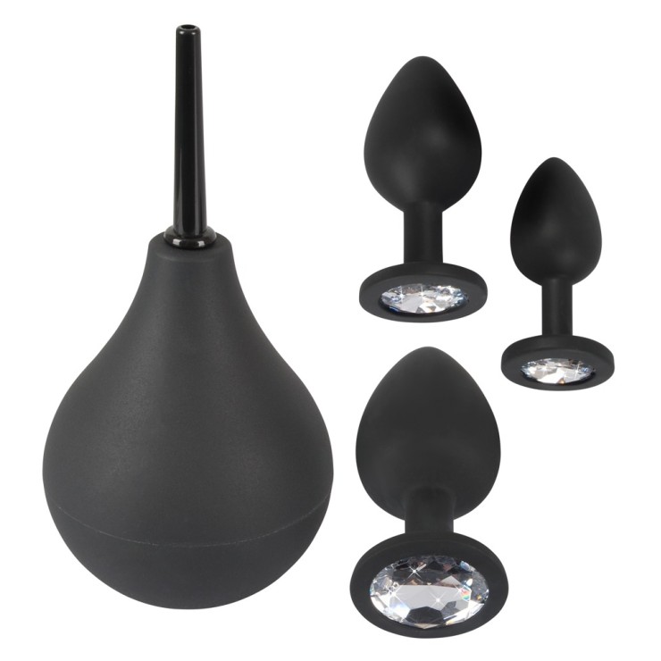 SET TRE PLUG ANALI CON GIOIELLO E CLISTERE ANAL KIT BLACK... 2