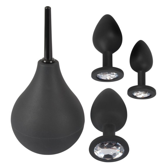 SET TRE PLUG ANALI CON GIOIELLO E CLISTERE ANAL KIT BLACK VELVETS