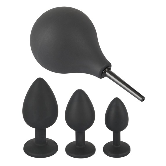 SET TRE PLUG ANALI CON GIOIELLO E CLISTERE ANAL KIT BLACK VELVETS