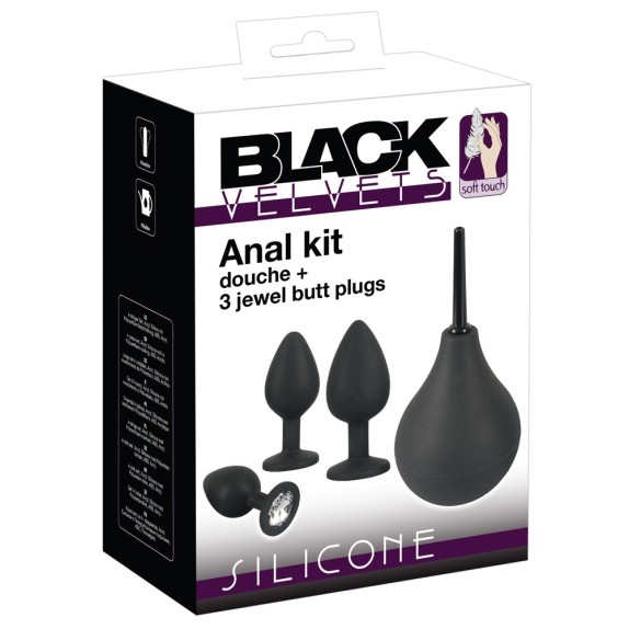 SET TRE PLUG ANALI CON GIOIELLO E CLISTERE ANAL KIT BLACK VELVETS