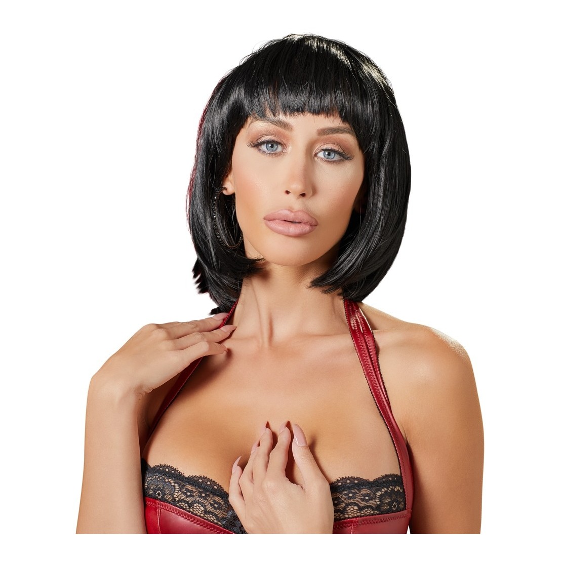 PARRUCCA SEXY NERA A CASCHETTO CON FRANGIA