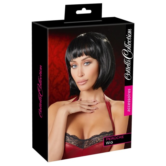 PARRUCCA SEXY NERA A CASCHETTO CON FRANGIA
