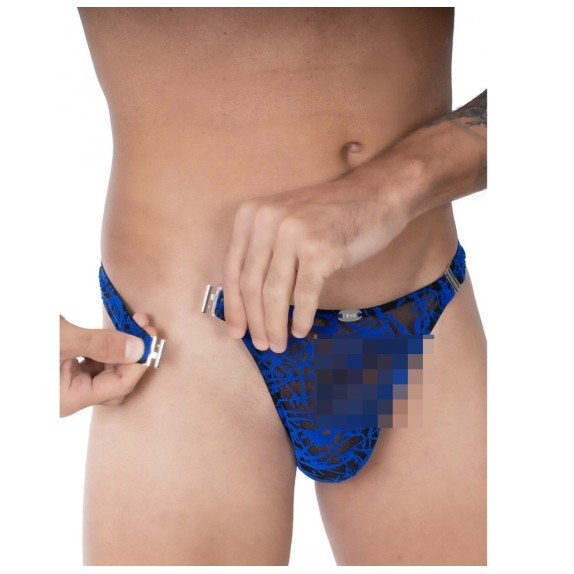 PERIZOMA SEXY UOMO SGANCIABILE IN TULLE E VELLUTO BLU ELETTRICO EROS VENEZIANI