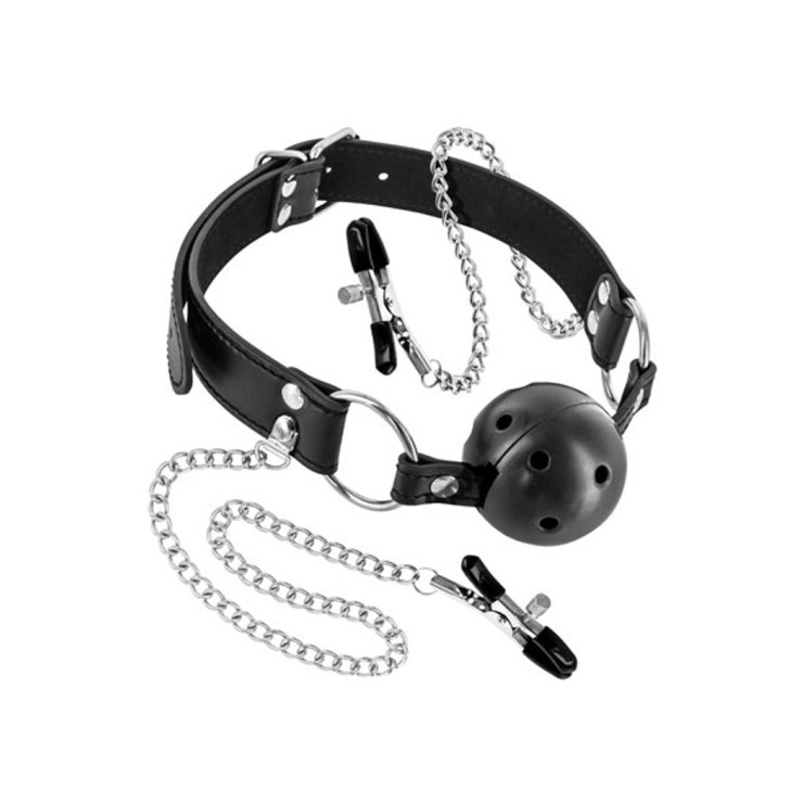 MORSO-BALL GAG TRASPIRANTE CON PINZE PER CAPEZZOLI 2