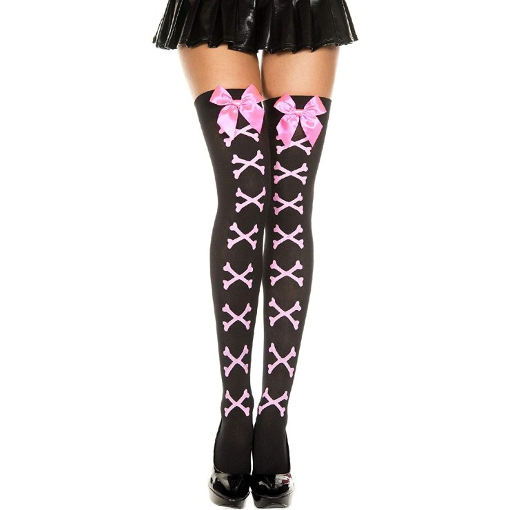 CALZE CON ELASTICO DISEGNI OSSA ROSA PER CARNEVALE HALLOWEEN