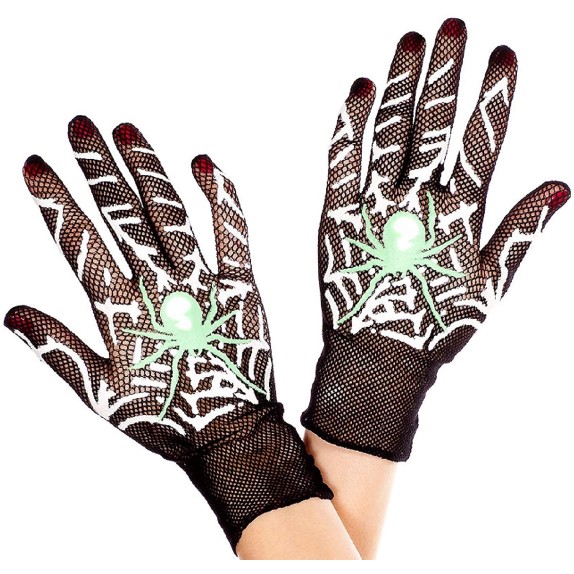 GUANTI SEXY PER DONNA A RETE CORTI CON RAGNO FLUORESCENTE