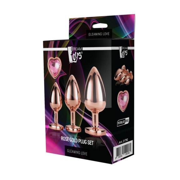 KIT TRE TAPPI ANALI CON GIOIELLO A CUORE SEX TOY ROSE GOLD PLUG