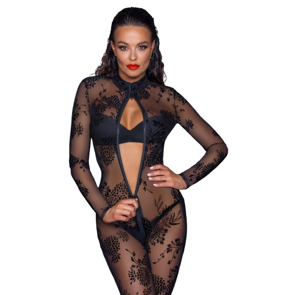 TUTA SEXY PER DONNA TRASPARENTE CON RICAMI E CERNIERA NOIR HANDMADE