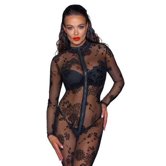 TUTA SEXY PER DONNA TRASPARENTE CON RICAMI E CERNIERA NOIR HANDMADE
