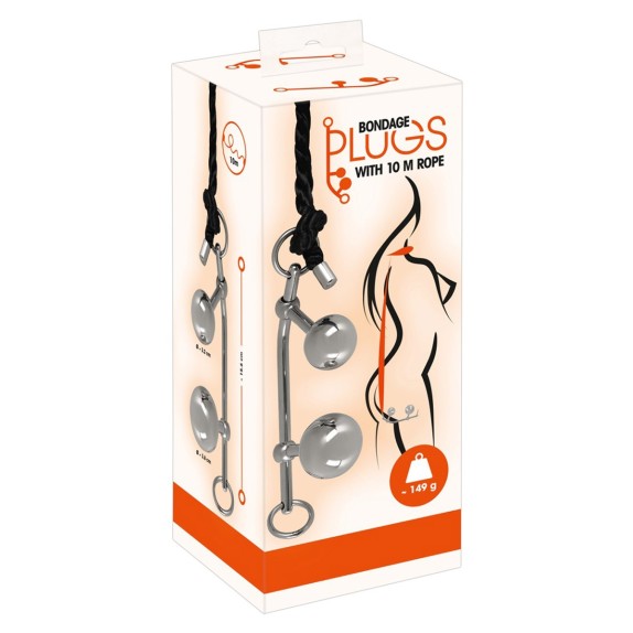 SET PER GIOCHI SADOMASO CON 2 PLUG E CORDA 10 m BONDAGE PLUGS