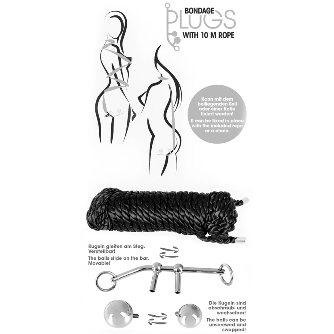 SET PER GIOCHI SADOMASO CON 2 PLUG E CORDA 10 m...