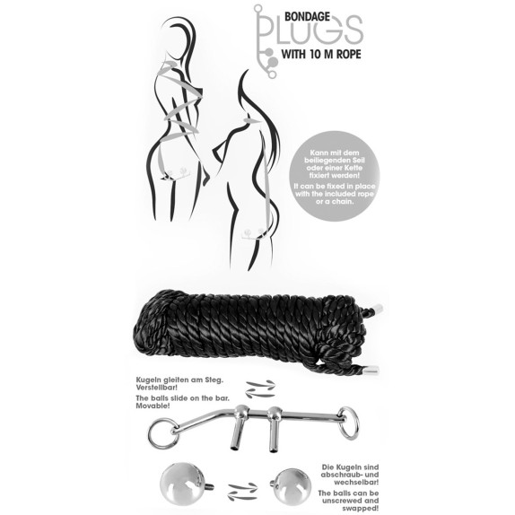 SET PER GIOCHI SADOMASO CON 2 PLUG E CORDA 10 m BONDAGE PLUGS