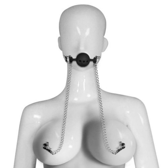 MORSO BALL GAG IN SILICONE CON PINZETTE PER CAPEZZOLI BONDAGE FETISH