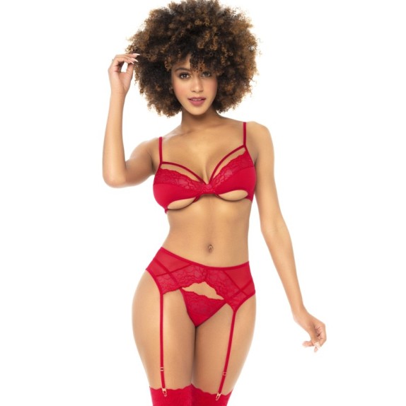COMPLETO INTIMO SEXY PER DONNA SET 3 PEZZI IN PIZZO ROSSO FLOREALE CON REGGICALZE