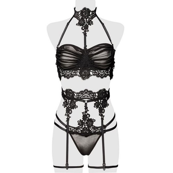 SET 3 PEZZI SEXY COMPLETO INTIMO PER DONNA REGGISENO VELVETPERIZOMA E REGGICALZE