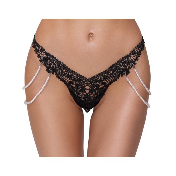 STRING SEXY PER DONNA IN PIZZO NERO CON CATENE LATERALI DI PERLE