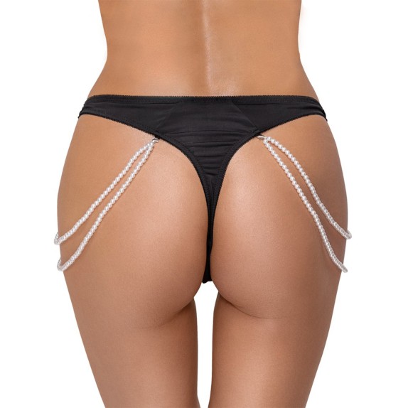 STRING SEXY PER DONNA IN PIZZO NERO CON CATENE LATERALI DI PERLE