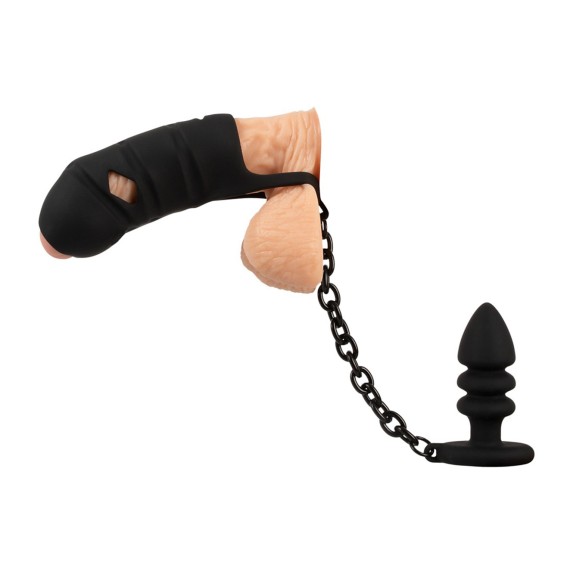 GABBIA DI CASTITA' APERTA IN SILICONE PER UOMO CON CATENA E PLUG ANALE BLACK VELVETS